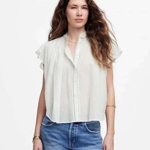 MADEWELL Shirred Lace-Trim Top White Button Front Relaxed Boho Shirt Size XXS
